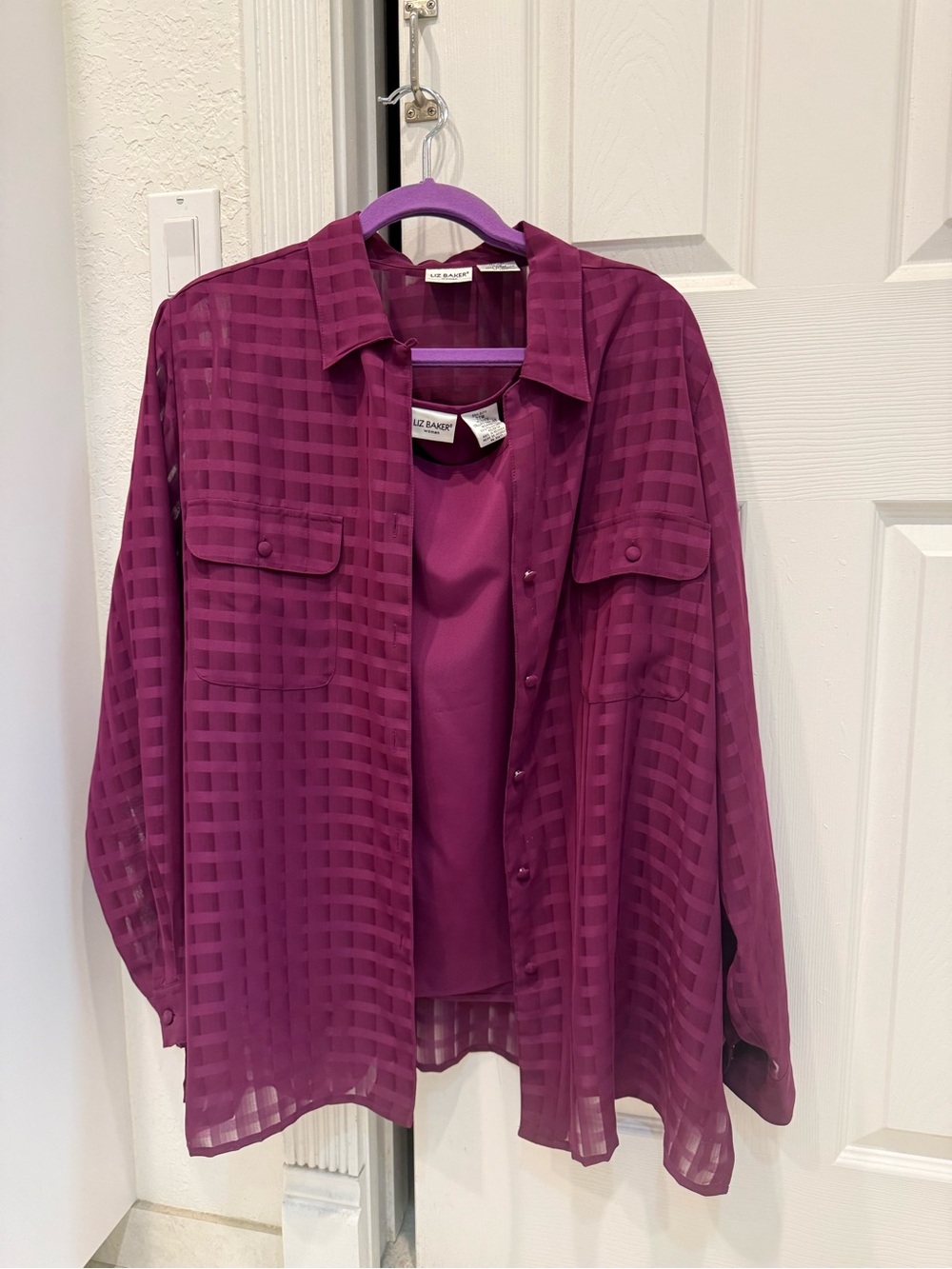 Liz Baker Plum Semi-Sheer Check Button-Front Jacket 2 Piece